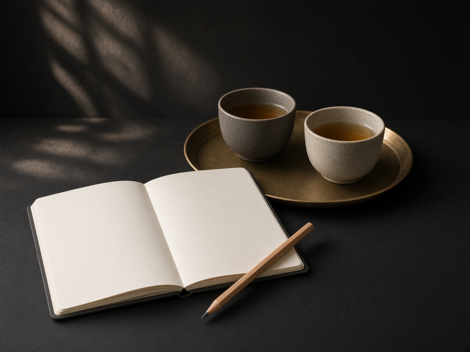 An open notebook, a pencil, and two cups of tea on a brass tray.